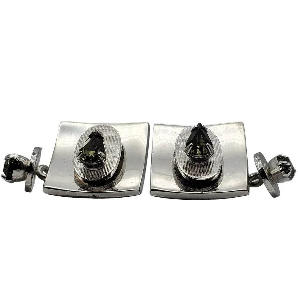 Smoke Faceted Glass Stone Cufflinks‎ Silver Tone Teardrop Double Faced Chainlink